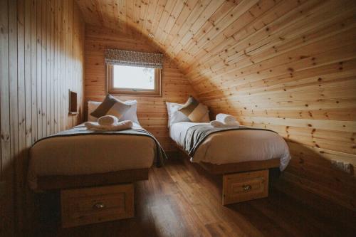 a bedroom with two beds in a log cabin at Daisy in Rhayader