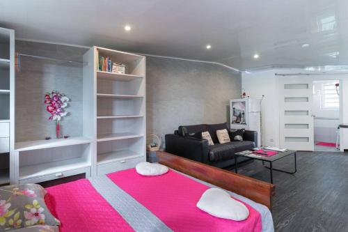 a living room with a bed and a couch at Charmant Studio Climatisé à Sainte Suzanne. in Sainte-Suzanne