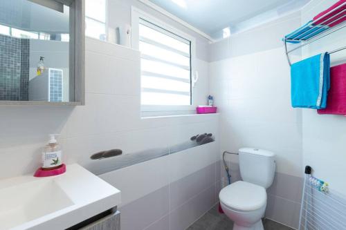 a white bathroom with a toilet and a sink at Charmant Studio Climatisé à Sainte Suzanne. in Sainte-Suzanne