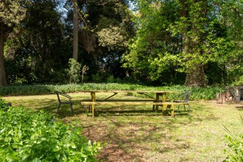 a wooden picnic table and two chairs in a park at Cruz de Triana in Rancagua