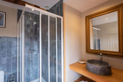 a bathroom with a shower and a sink and a mirror at L'hôtel de Panette, chambres indépendantes, charpente historique in Bourges