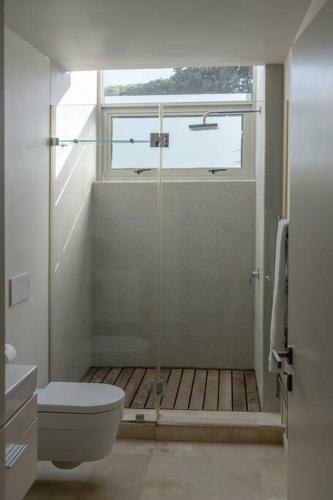 a bathroom with a shower with a toilet and a window at Benguela Cove - Oceans Away in Hermanus