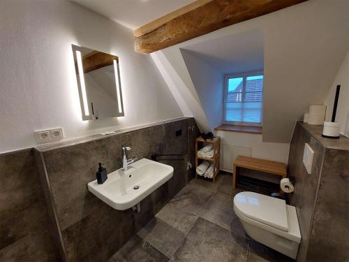 a bathroom with a sink and a toilet at Gasthaus zum Ochsen in Mönchberg