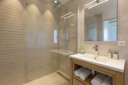 une salle de bain avec un lavabo et une douche avec un miroir dans l'établissement #32 Panoramic Sea View over Old Town Terrace & AC, à Nice