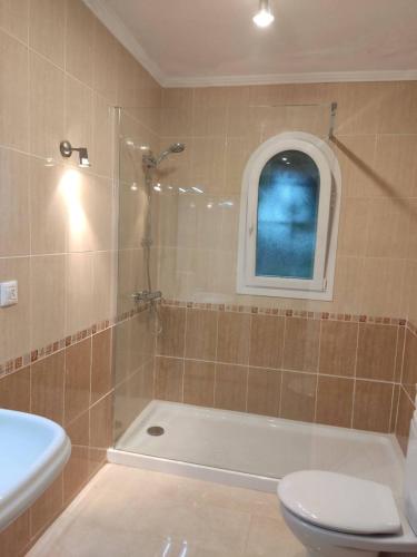a bathroom with a shower and a toilet and a sink at Villa Cerezos in Jávea
