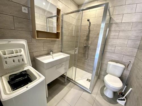 une salle de bain avec une douche, des toilettes et un lavabo dans l'établissement Calme à 10mn de l’aéroport d’Orly - Parking, à Orly