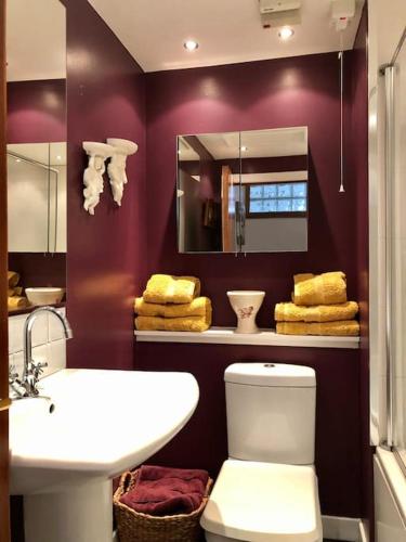 a bathroom with a sink and a toilet and a mirror at Creathie Cathcart - Georgian Luxury at the beach in Ayr