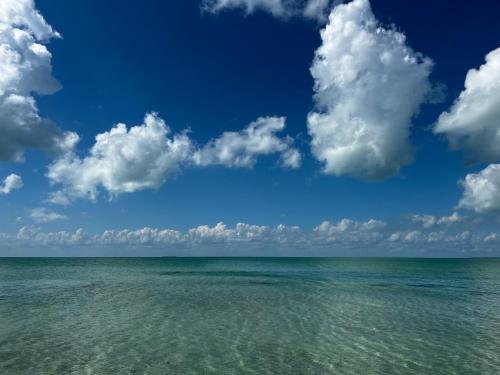 a view of the ocean with a blue sky and clouds at DreamCabanas in Caye Caulker