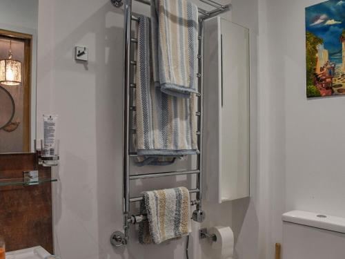 a bathroom with a towel rack and a toilet at The Boat House At Tides Reach in West Mersea