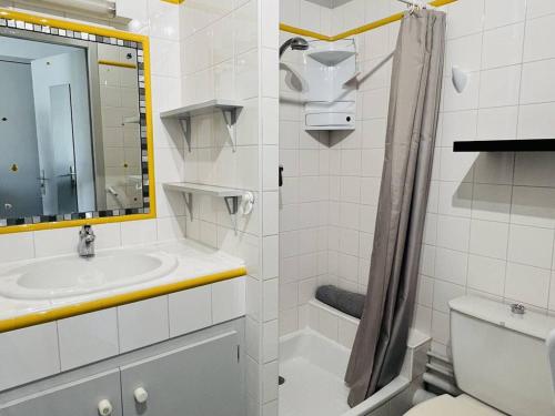 a bathroom with a sink and a toilet and a mirror at Appartement Cambo-les-Bains, 1 pièce, 2 personnes - FR-1-495-16 in Cambo-les-Bains