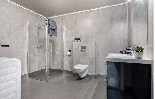 a bathroom with a shower and a toilet and a sink at The View in Røldal