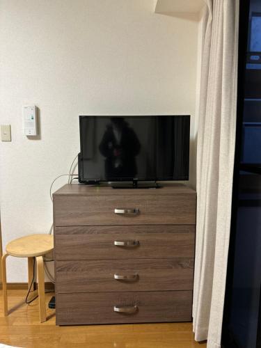 Elle comprend une télévision à écran plat installée au-dessus d'une commode. dans l'établissement honeys guest house, à Tokyo