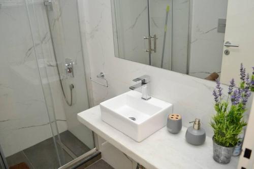 y baño blanco con lavabo y ducha. en Maipú 812 by depptö en Buenos Aires