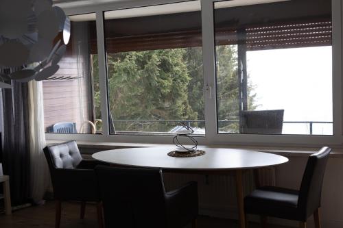 a table and chairs in a room with a window at L&P Appartement Gerlitzen & Pool - Haus Enzian in Kanzelhöhe
