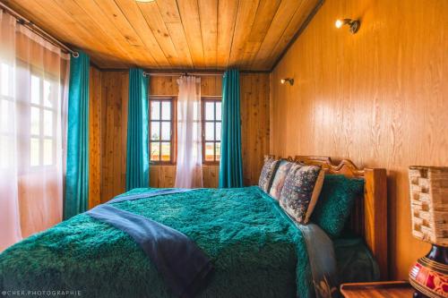 ein Schlafzimmer mit einem grünen Bett und einem Fenster in der Unterkunft The Wonky House in Timau