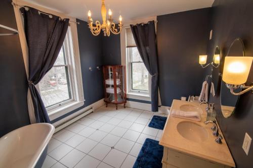 a bathroom with a sink and a mirror at Pope House - Hist. Mansion - Wild(e), Green & Gold in Helena