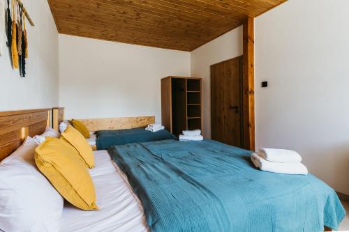 a bedroom with two beds with blue and yellow pillows at Pod humnama in Krumvíř