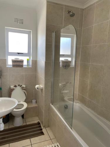 a bathroom with a shower and a toilet and a sink at Cozy corner apartment Muizenberg in Cape Town