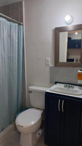 y baño con aseo, lavabo y espejo. en El Arrecife: Apartamento con alberca a 10 minutos de la playa, en Acapulco