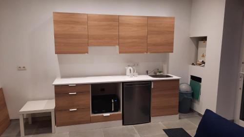 una pequeña cocina con armarios de madera y fregadero en Studio a Ciney, en Ciney