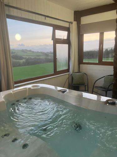 uma banheira de hidromassagem num quarto com vista em Vale Farm Cottages em Brecon