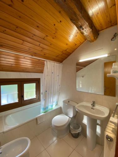 a bathroom with a toilet and a sink and a tub at Hostal Can Josep in Sort