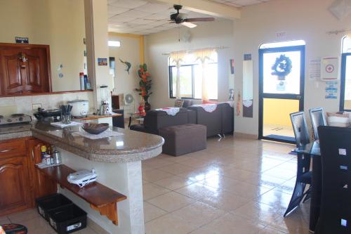 巴克里索莫雷諾港的住宿－Hostal Romy，厨房以及带沙发和台面的客厅。