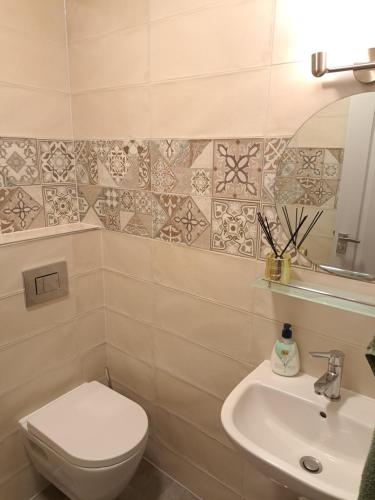 a bathroom with a toilet and a sink at Вила Брезите in Pamporovo