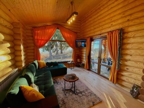 a living room with a green couch in a log cabin at Вила Брезите in Pamporovo