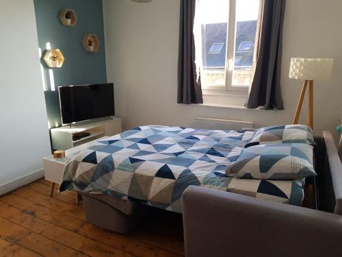 une chambre avec un lit, une télévision et une fenêtre dans l'établissement Appartement lumineux et moderne, au Mans
