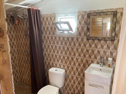 W łazience znajduje się toaleta, umywalka i lustro. w obiekcie Citron vert w mieście Port-Louis