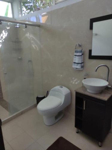 a bathroom with a toilet and a sink and a shower at Condominio Villa Esperanza in Flandes