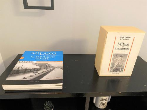 dos libros sentados en una mesa junto a una caja en Casa Manolo Corsico Navigli Suite Apartment Milan en Corsico