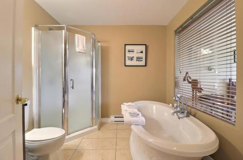 uma casa de banho com uma banheira, um WC e um chuveiro em Charming studio with kitchen St-Sauveur em Piedmont