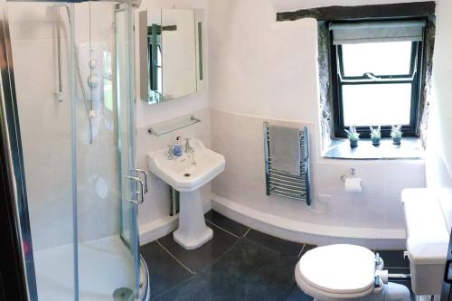 a bathroom with a sink and a toilet and a shower at Cosy cottage in the beautiful Lamorna Valley - walk to the pub & sea in Paul