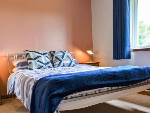 Little Fern في Sourton: سرير مع وسائد زرقاء وبيضاء ونوافذ