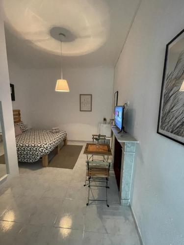 a living room with a television and a table and a bed at BF BOUTIQUE JEREZ in Jerez de la Frontera
