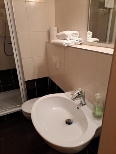 ein Badezimmer mit einem weißen Waschbecken und einem WC in der Unterkunft Resident Harrachov Family apartment in Harrachov