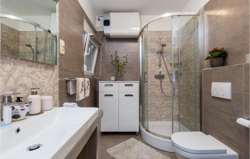 y baño con ducha, aseo y lavamanos. en Gorgeous Apartment In Drazice With Kitchen, en Dražice