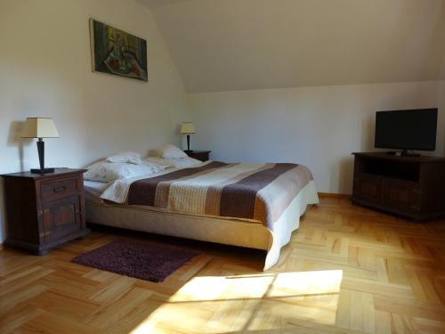 a bedroom with a bed and a flat screen tv at Tulin in Wetlina
