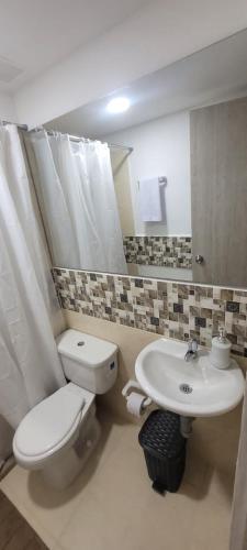 La salle de bains est pourvue de toilettes et d'un lavabo. dans l'établissement Remanso del café, à La Tebaida