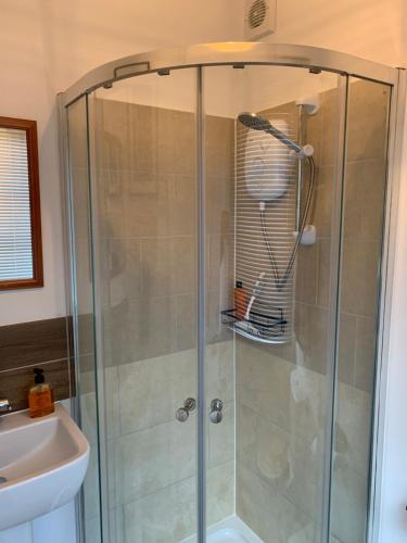 a shower with a glass door next to a sink at Countryside Garden Summer House in Calne
