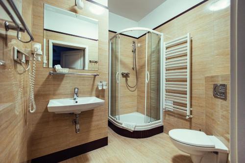 W łazience znajduje się prysznic, umywalka i toaleta. w obiekcie Hotel - Apartamenty Heban w Toruniu