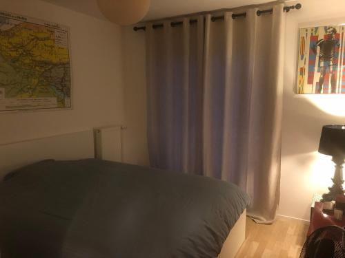 a bedroom with a bed and a curtain and a lamp at Magnifique appartement Paris, bord du canal in Pantin