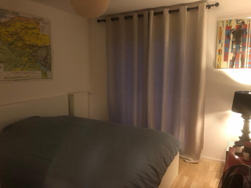 1 dormitorio con cama, cortina y lámpara en Magnifique appartement Paris, bord du canal, en Pantin