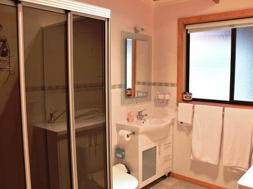uma casa de banho com um WC, um lavatório e um chuveiro em Hazards House em Coles Bay