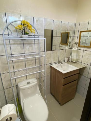 a bathroom with a toilet and a sink at Agutí Apartment in Manuel Antonio