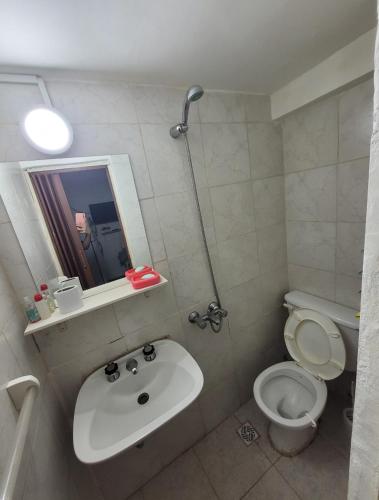 a bathroom with a sink and a toilet and a mirror at Monoambiente en plena Ciudad de Mendoza in Mendoza
