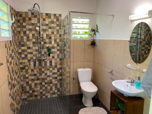 uma casa de banho com um chuveiro, um WC e um lavatório. em La Case Floria em Saint-André