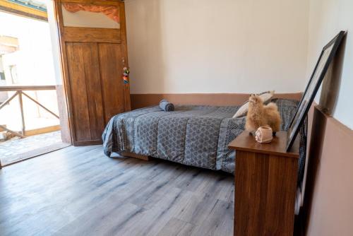 a bedroom with a bed and a cat sitting on a table at Vientos - La Yareta in San Pedro de Atacama